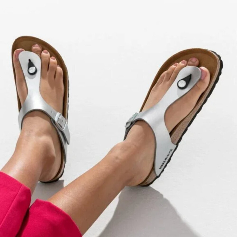 Birkenstock Silver Gizeh Birko-Flor Thong Sandals Regular Width, Sz 7/38